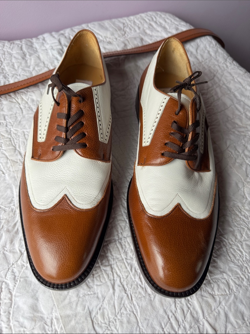 Mezlan Tulum Two-Tone Cognac and White Wingtip Derby Shoes